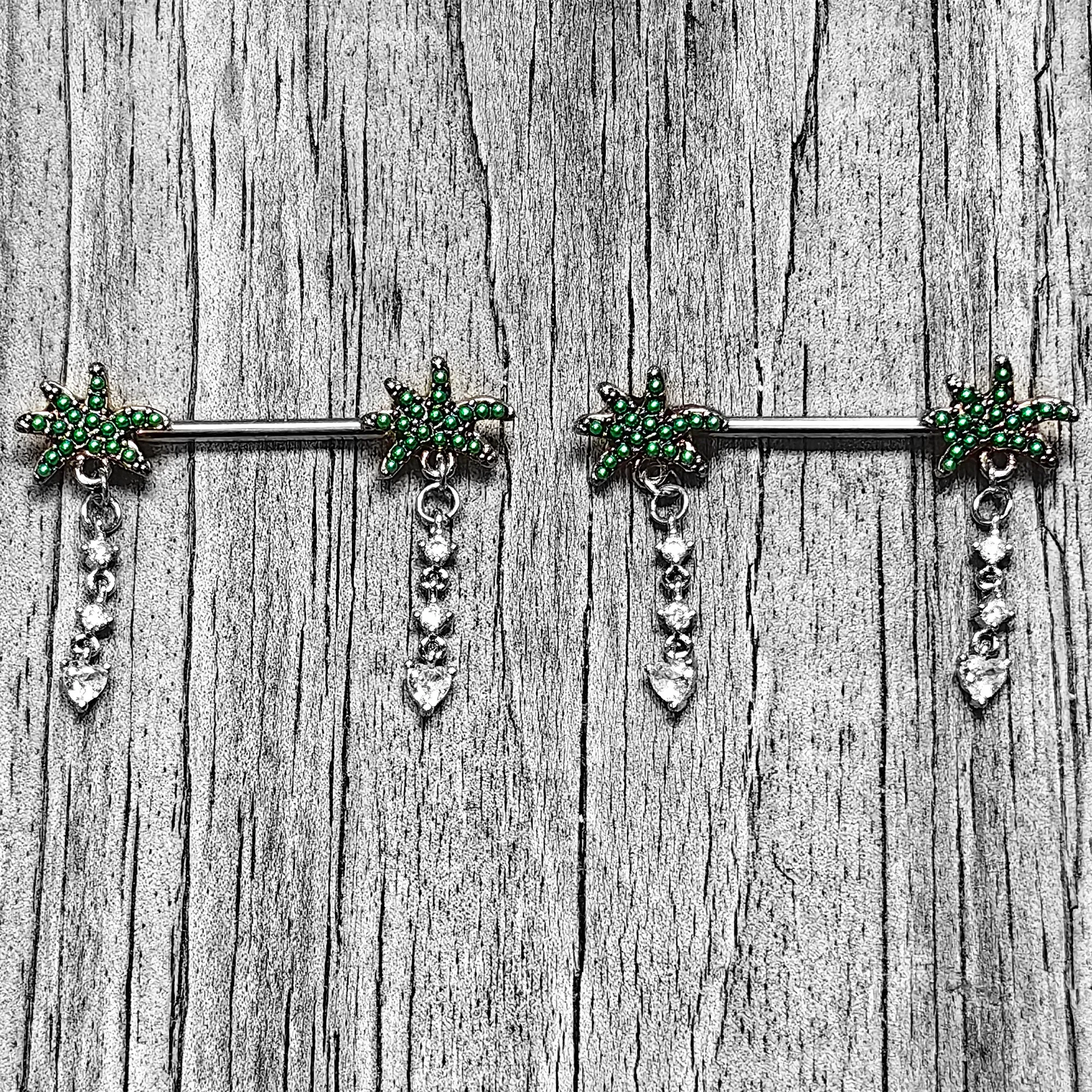 14 Gauge 9/16 Clear Gem Palm Tree Love Dangle Nipple Ring Set