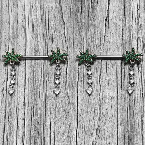 14 Gauge 9/16 Clear Gem Palm Tree Love Dangle Nipple Ring Set