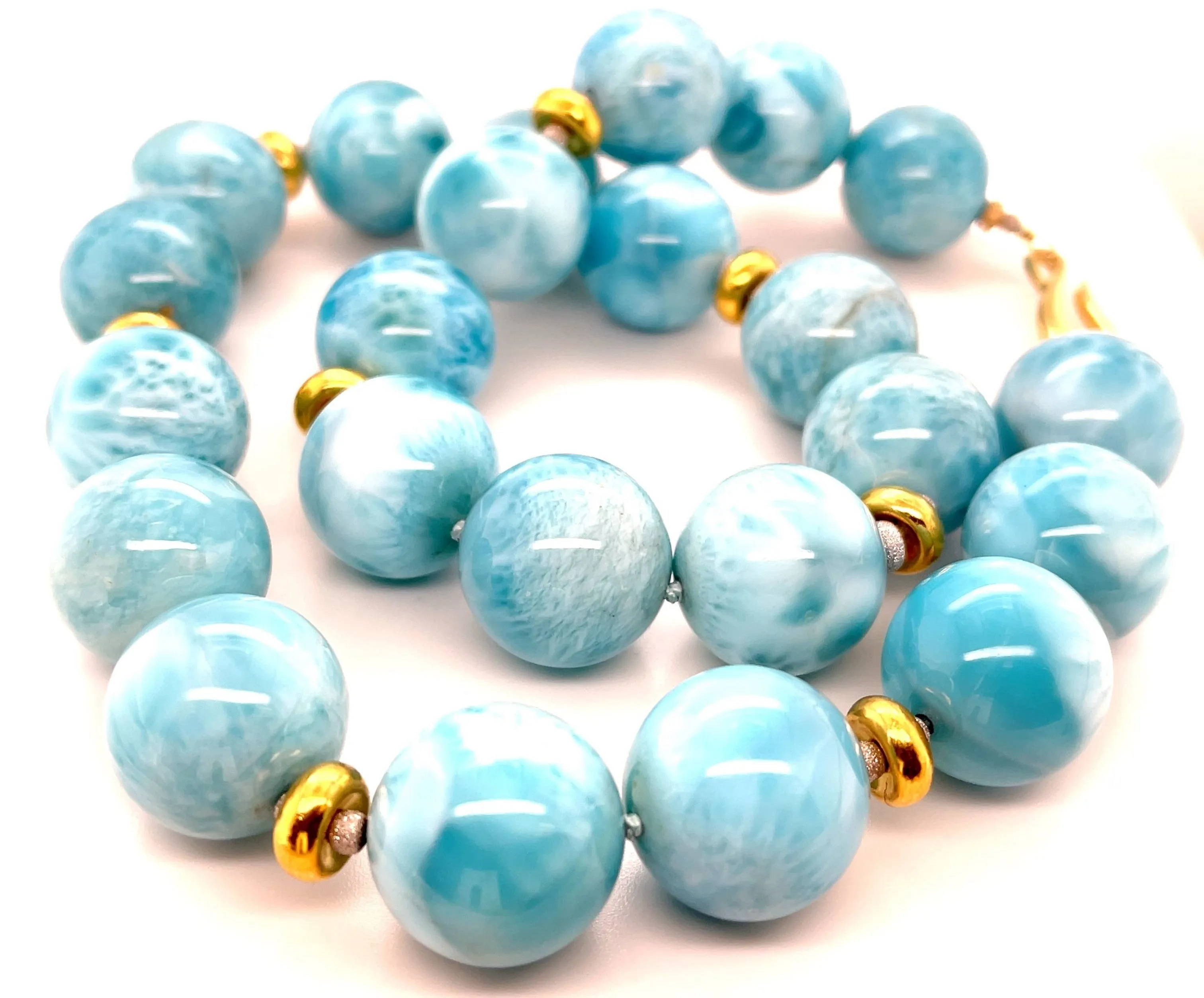 18mm Larimar Beaded Necklace with Yellow Gold Accents, 20 Inches
