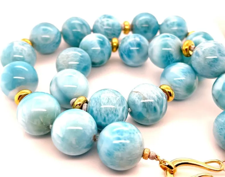 18mm Larimar Beaded Necklace with Yellow Gold Accents, 20 Inches