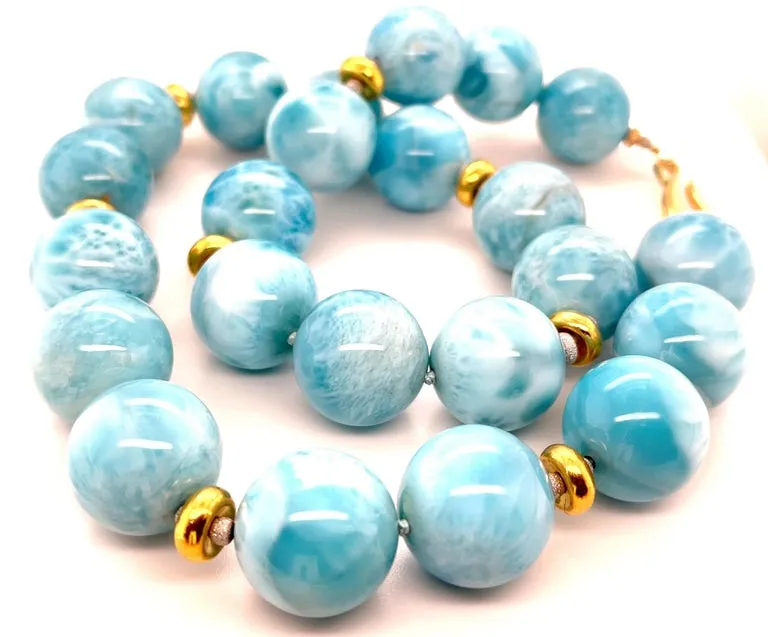 18mm Larimar Beaded Necklace with Yellow Gold Accents, 20 Inches