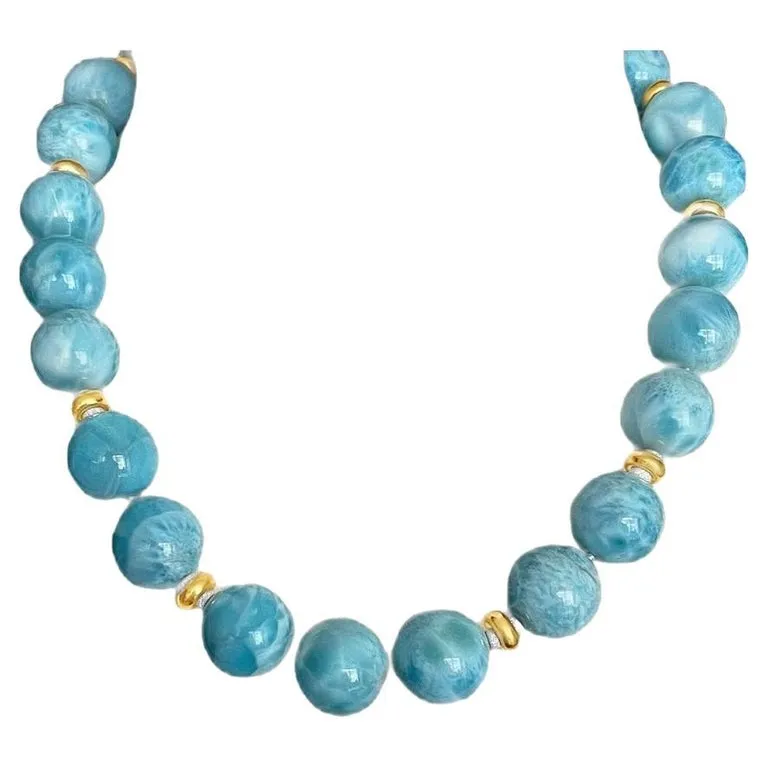 18mm Larimar Beaded Necklace with Yellow Gold Accents, 20 Inches