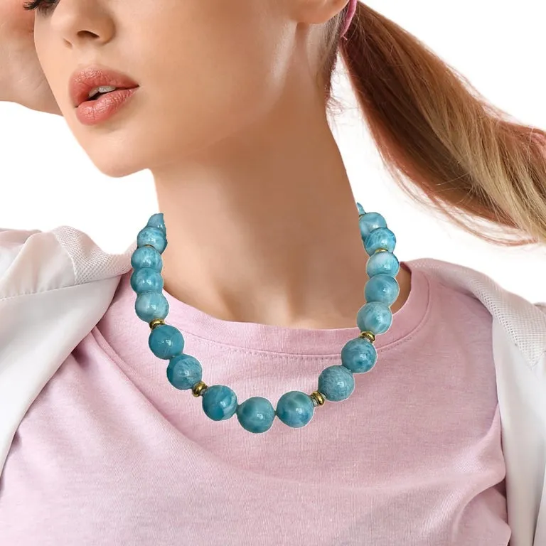 18mm Larimar Beaded Necklace with Yellow Gold Accents, 20 Inches