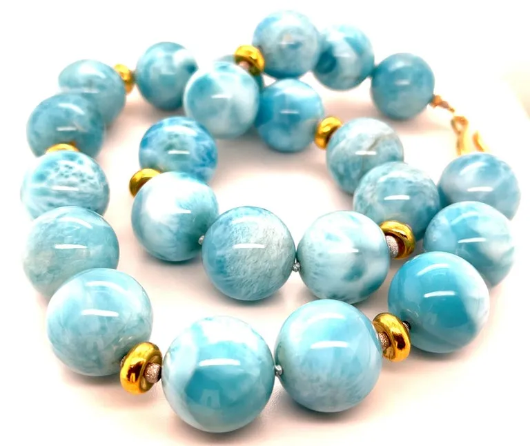 18mm Larimar Beaded Necklace with Yellow Gold Accents, 20 Inches