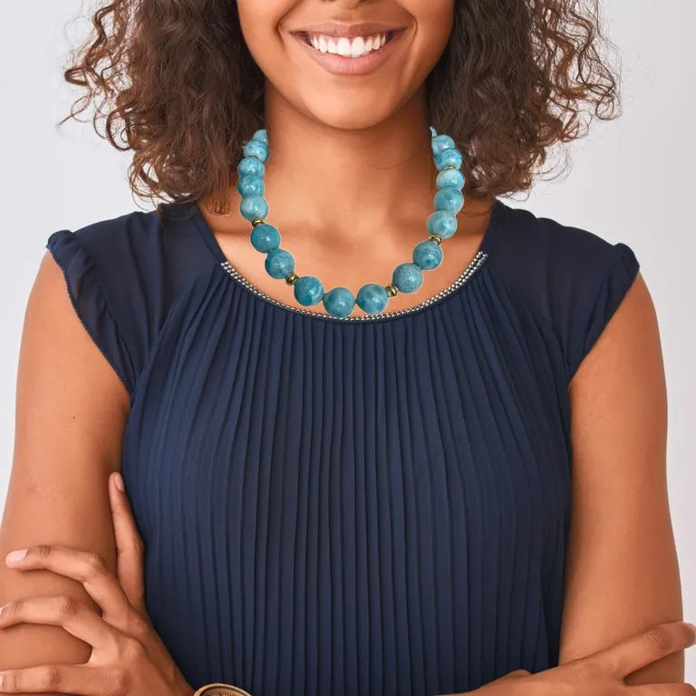 18mm Larimar Beaded Necklace with Yellow Gold Accents, 20 Inches
