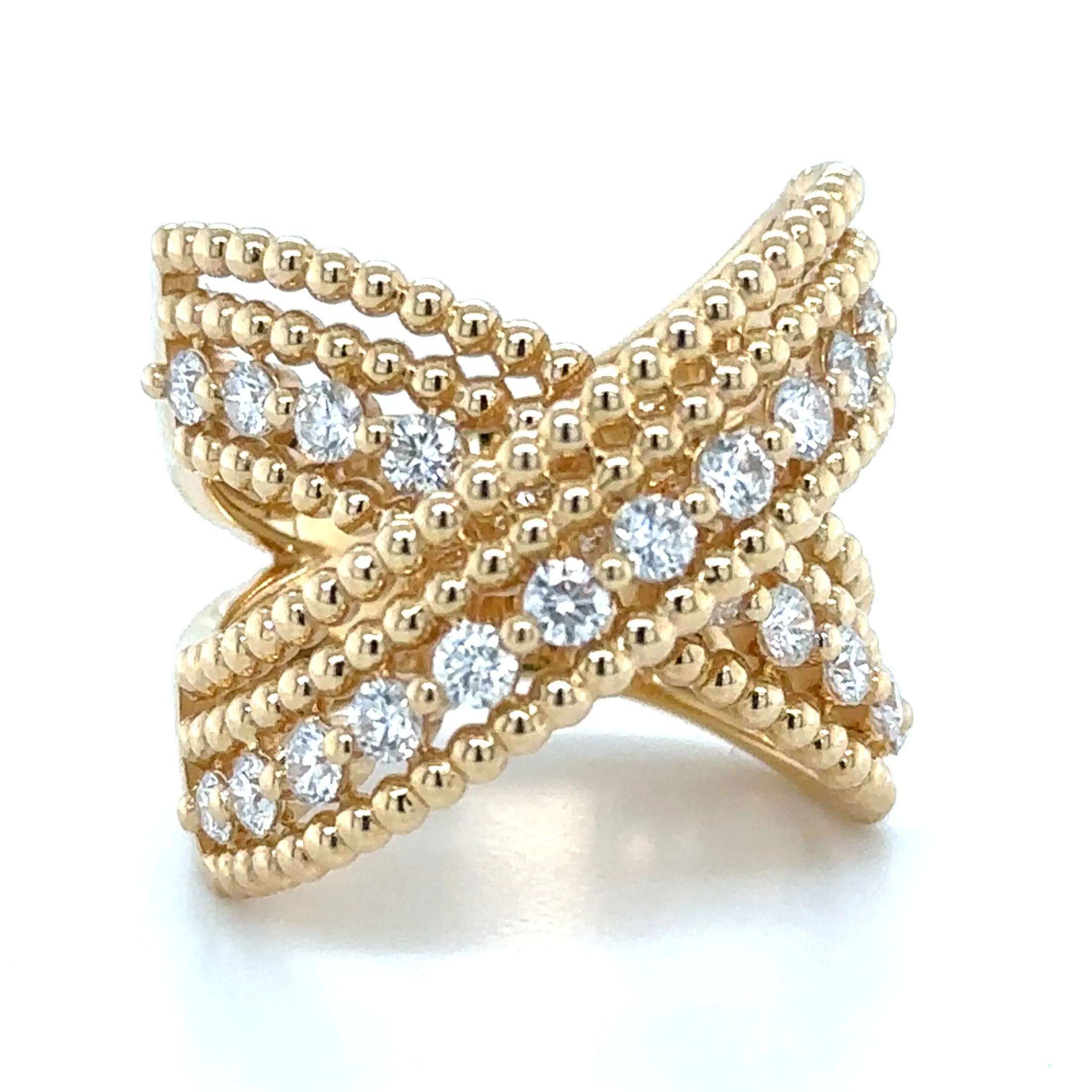 1.92ct tw Diamond Beaded Gold Round cut Criss Cross Statement Ring
