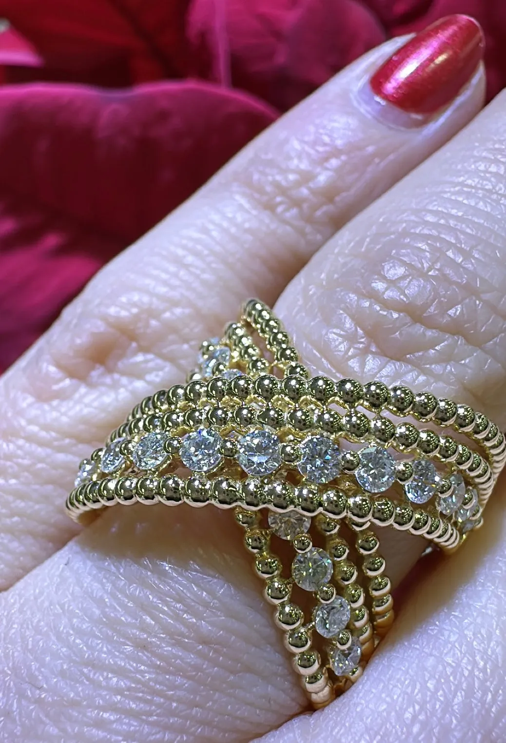 1.92ct tw Diamond Beaded Gold Round cut Criss Cross Statement Ring