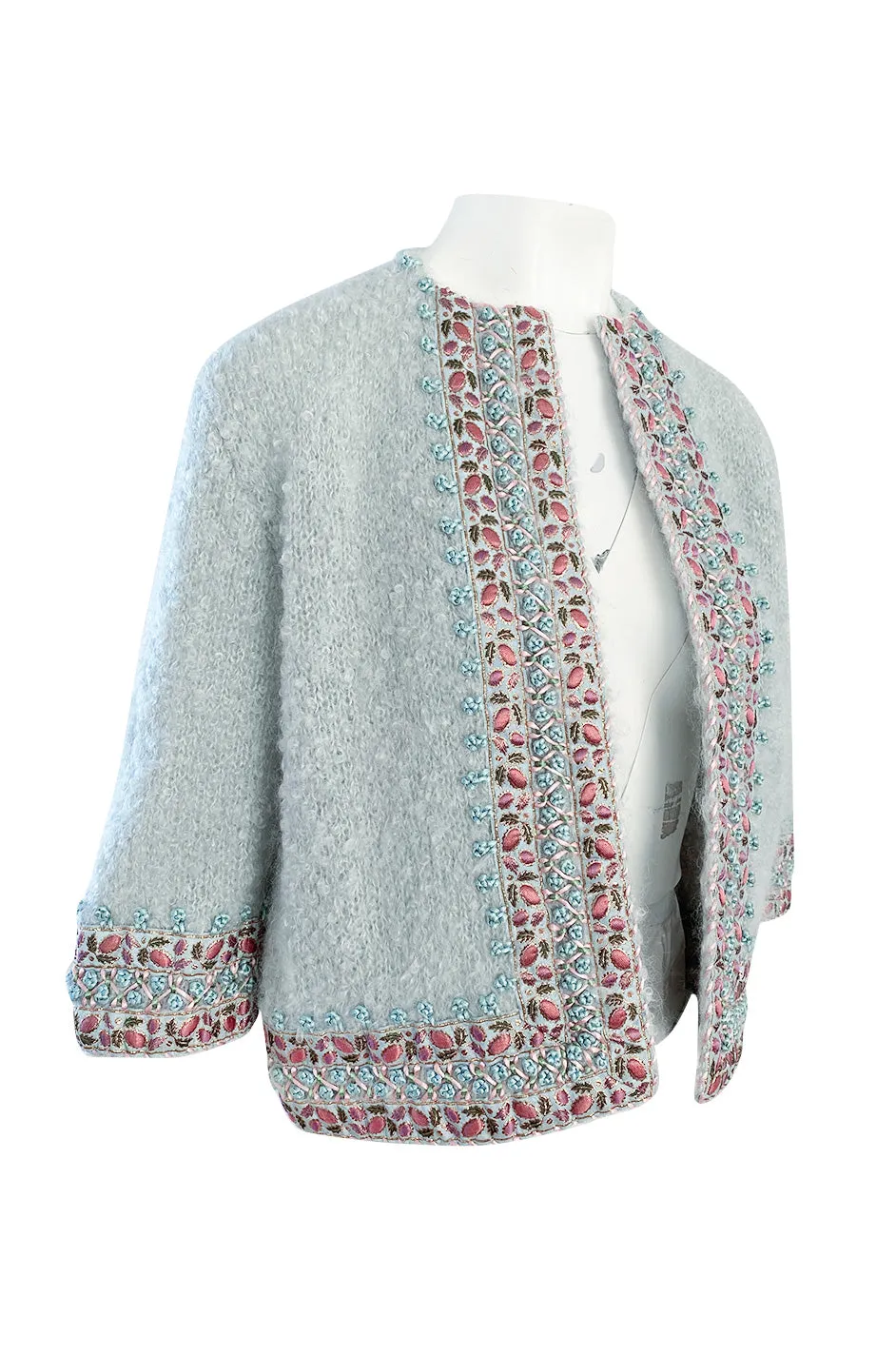 1950s I. Magnin Pale Blue Sweater Cardigan w Silk Ribbon and Hand Done Embroidery Work