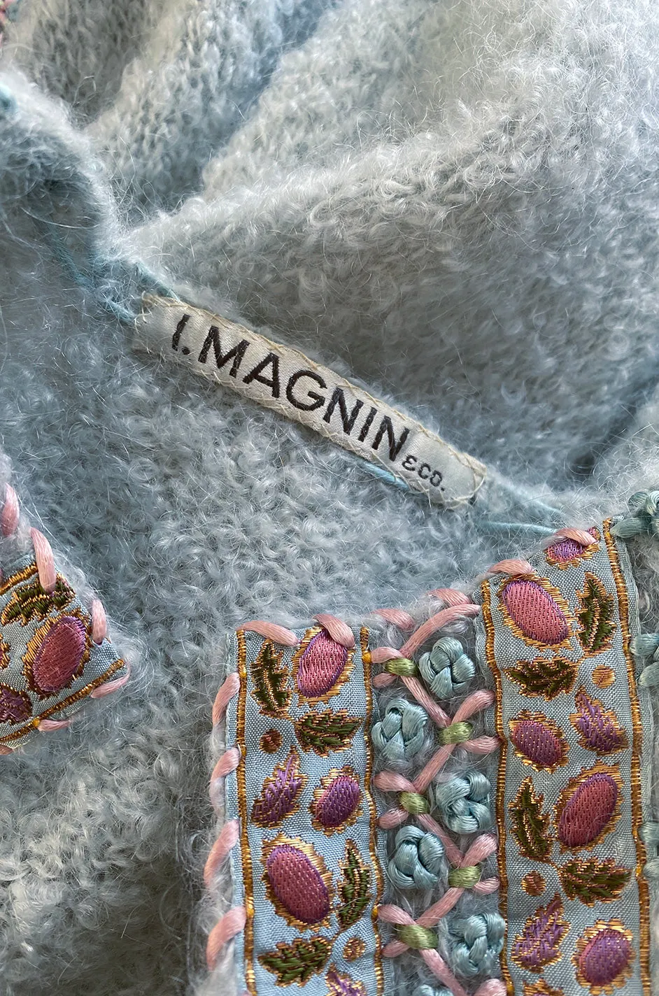 1950s I. Magnin Pale Blue Sweater Cardigan w Silk Ribbon and Hand Done Embroidery Work