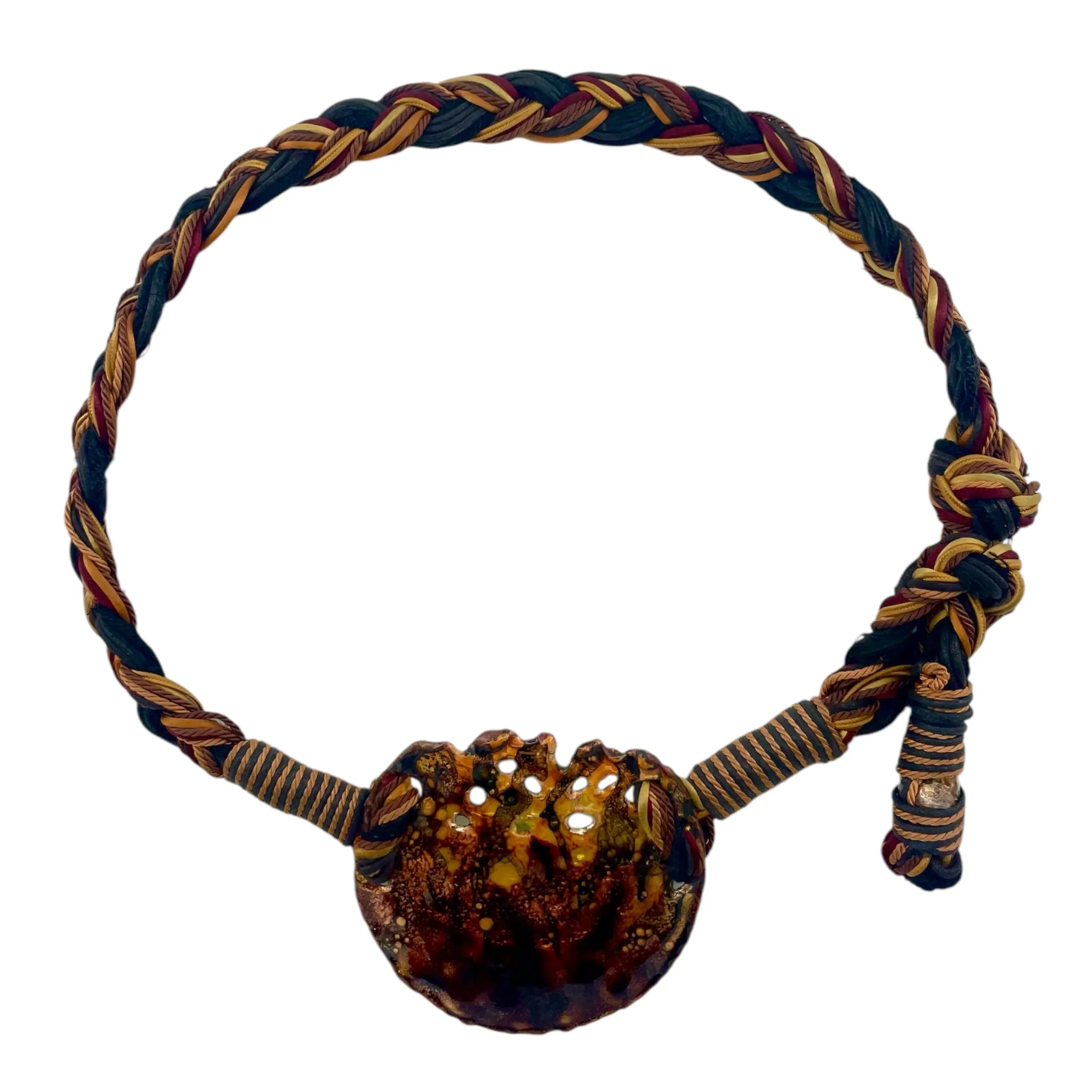 1980's Brutalist Enamel on Copper Art-To-Wear Pendant Belt on Braided Cord