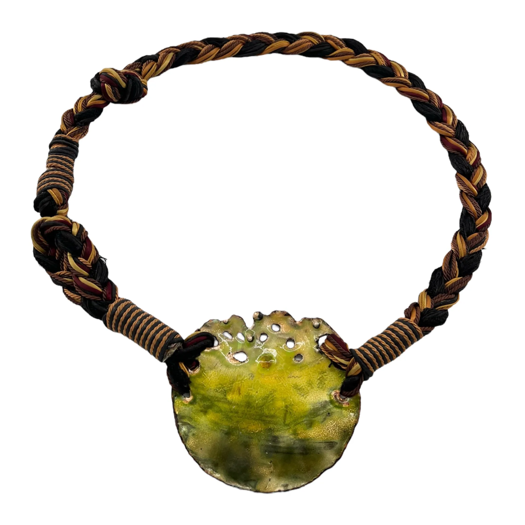 1980's Brutalist Enamel on Copper Art-To-Wear Pendant Belt on Braided Cord