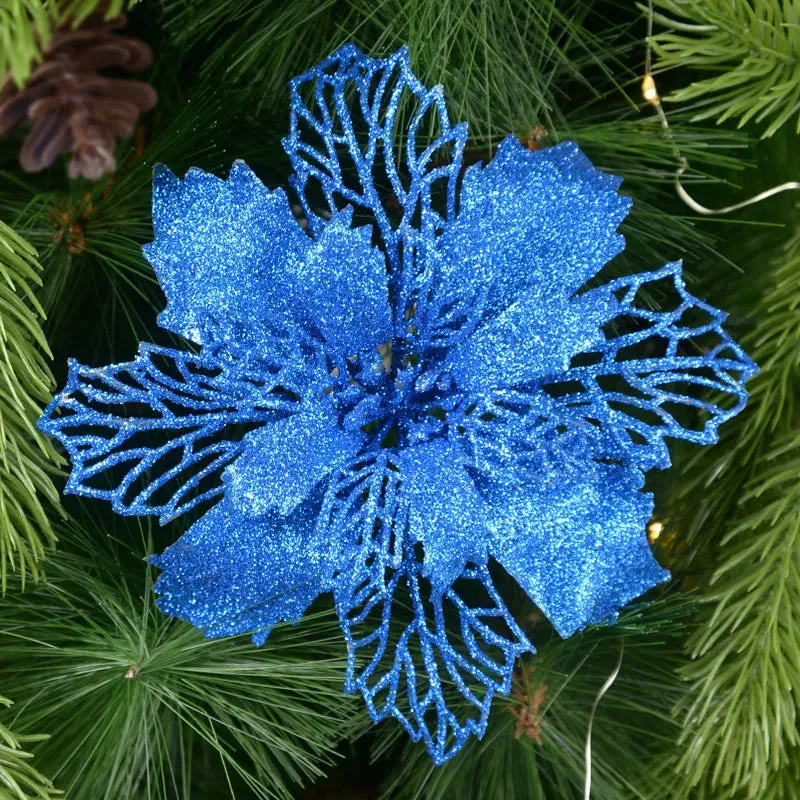 5-Pack Glitter Artificial Christmas Poinsettia Flowers For Christmas Tree Decorations for Home 9-16cm Fake Flowers Xmas Ornaments New Year Decor