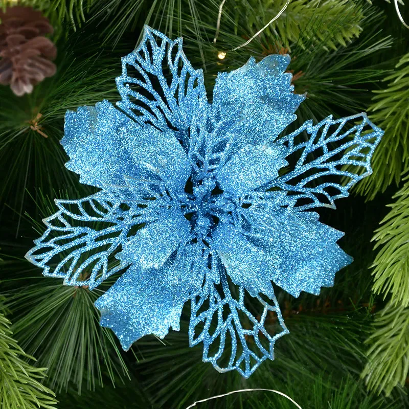 5-Pack Glitter Artificial Christmas Poinsettia Flowers For Christmas Tree Decorations for Home 9-16cm Fake Flowers Xmas Ornaments New Year Decor