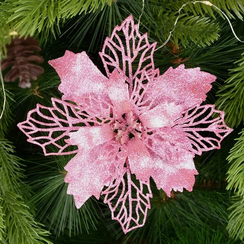 5-Pack Glitter Artificial Christmas Poinsettia Flowers For Christmas Tree Decorations for Home 9-16cm Fake Flowers Xmas Ornaments New Year Decor