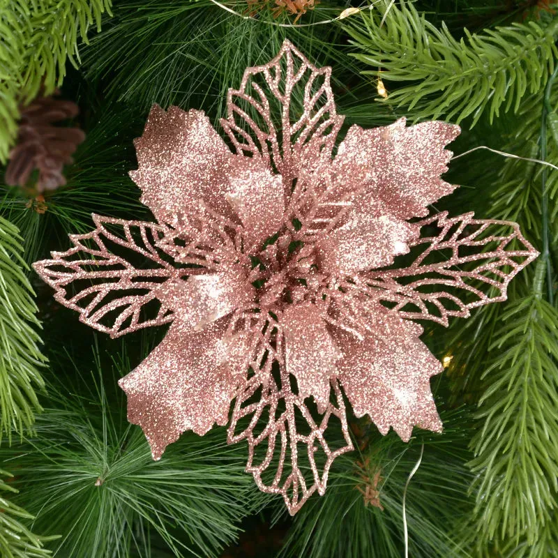 5-Pack Glitter Artificial Christmas Poinsettia Flowers For Christmas Tree Decorations for Home 9-16cm Fake Flowers Xmas Ornaments New Year Decor