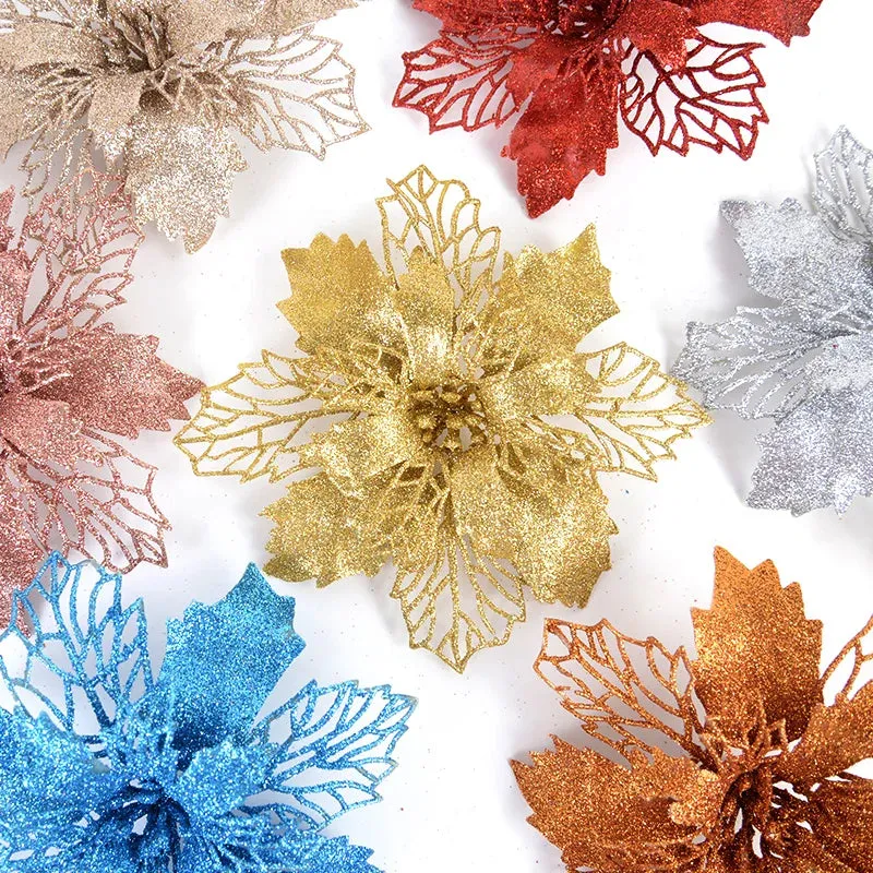 5-Pack Glitter Artificial Christmas Poinsettia Flowers For Christmas Tree Decorations for Home 9-16cm Fake Flowers Xmas Ornaments New Year Decor