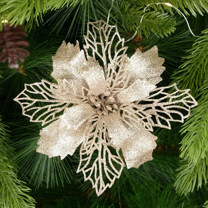 5-Pack Glitter Artificial Christmas Poinsettia Flowers For Christmas Tree Decorations for Home 9-16cm Fake Flowers Xmas Ornaments New Year Decor