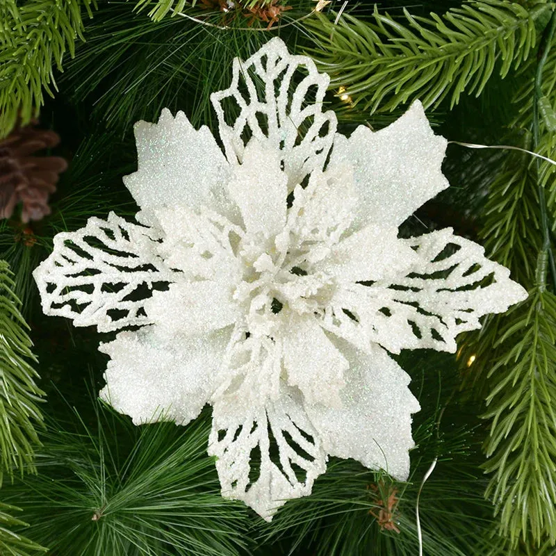 5-Pack Glitter Artificial Christmas Poinsettia Flowers For Christmas Tree Decorations for Home 9-16cm Fake Flowers Xmas Ornaments New Year Decor