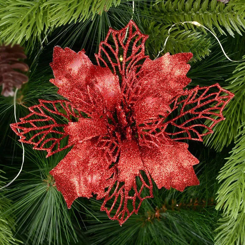 5-Pack Glitter Artificial Christmas Poinsettia Flowers For Christmas Tree Decorations for Home 9-16cm Fake Flowers Xmas Ornaments New Year Decor
