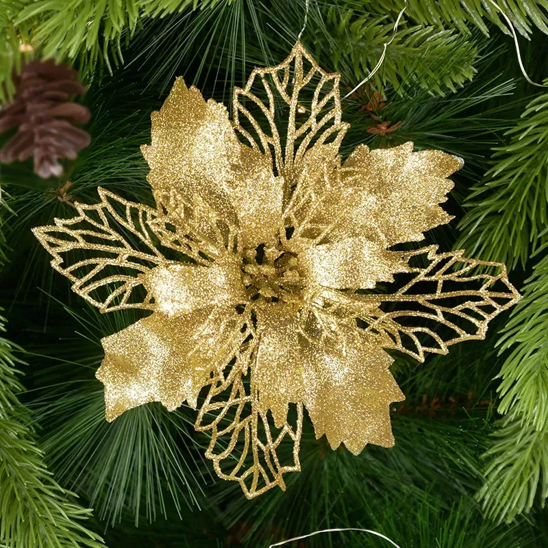 5-Pack Glitter Artificial Christmas Poinsettia Flowers For Christmas Tree Decorations for Home 9-16cm Fake Flowers Xmas Ornaments New Year Decor