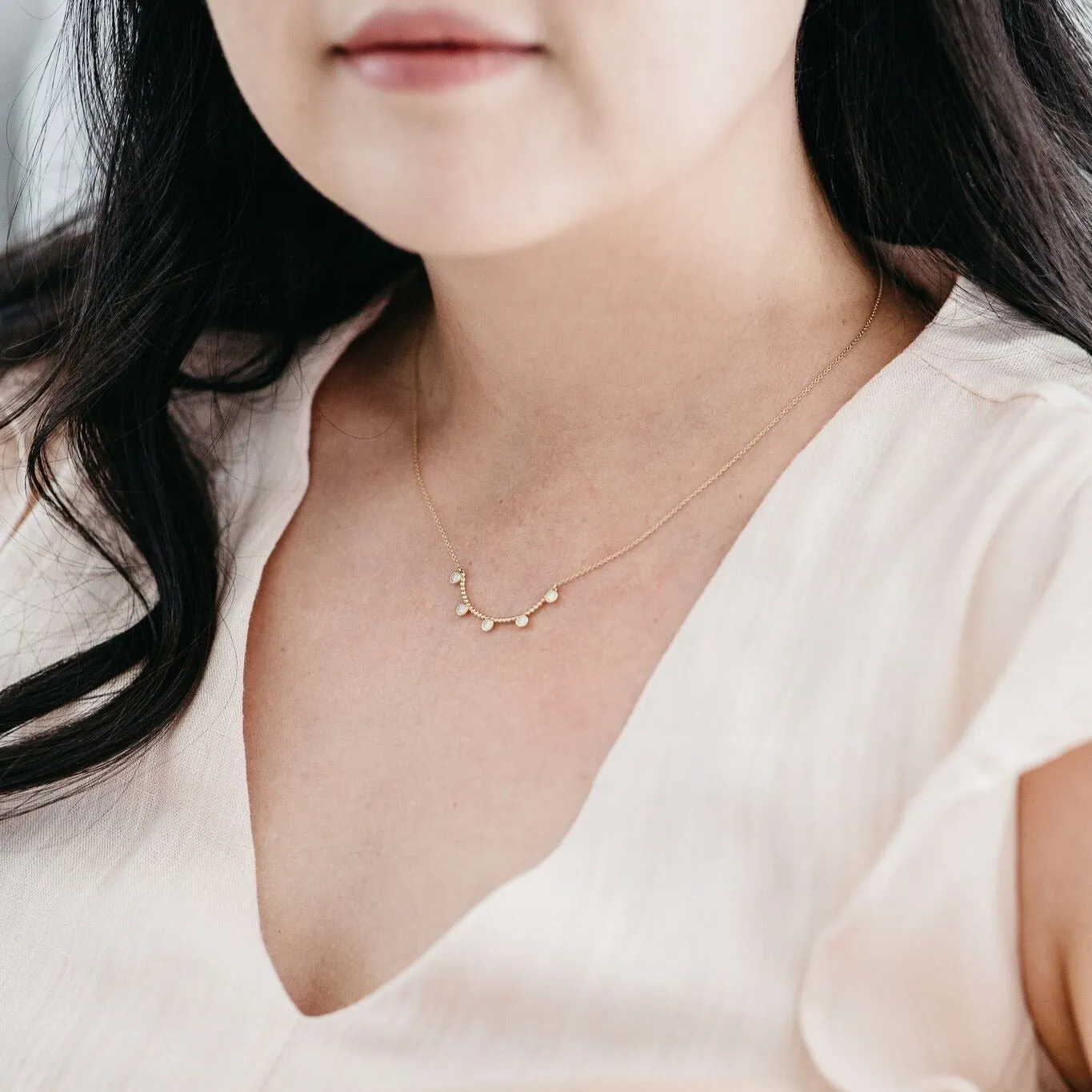 5 Stone Diamond Beaded Bezel Necklace