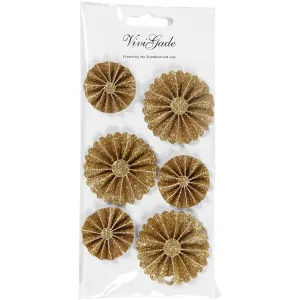 6 x Gold Glitter Paper Rosettes Self Adhesive 2 Assorted Sizes Christmas Decor
