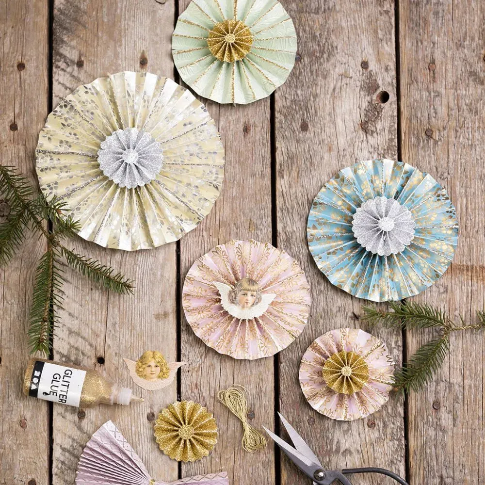 6 x Gold Glitter Paper Rosettes Self Adhesive 2 Assorted Sizes Christmas Decor