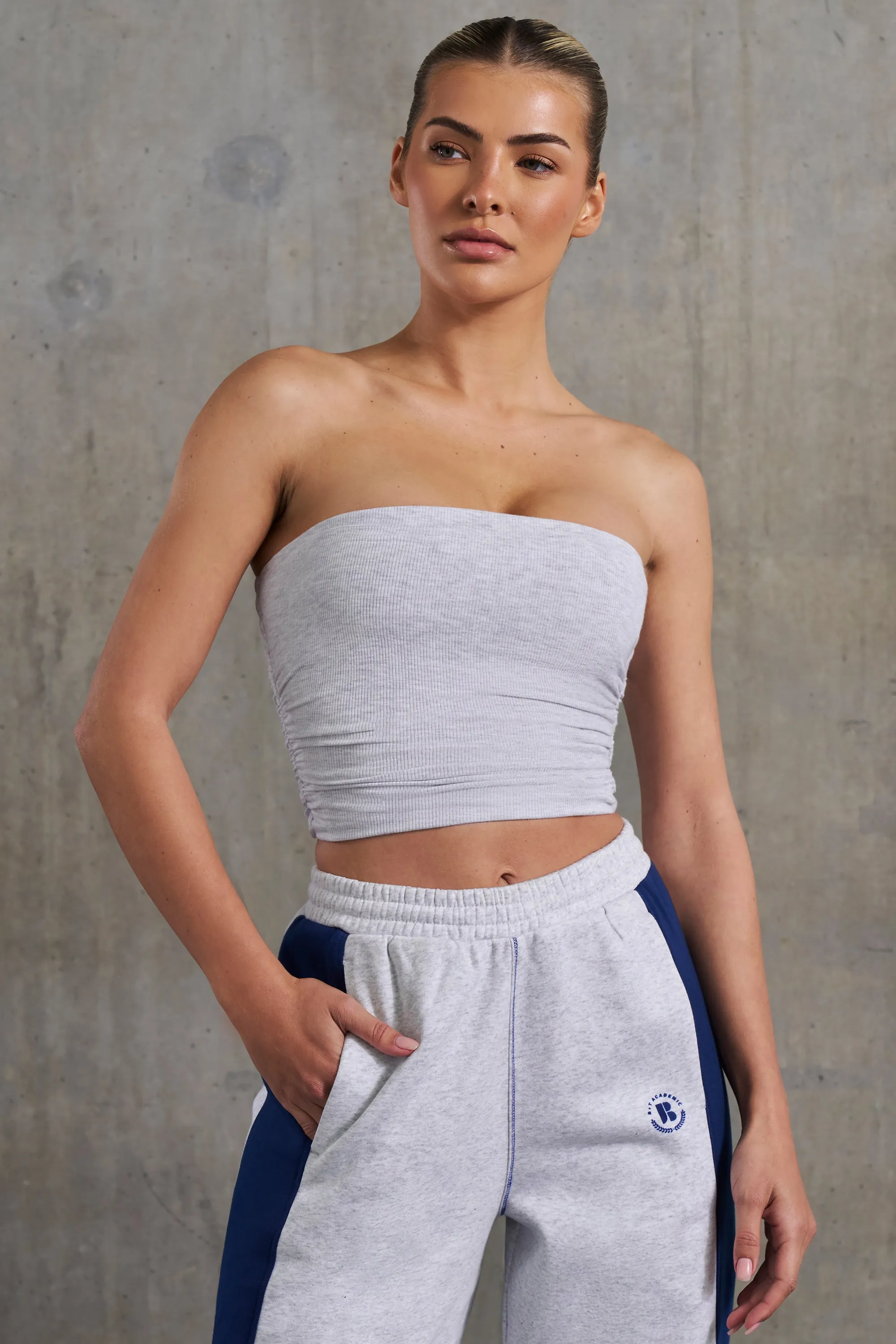 Ability - Soft Rib Ruched Bandeau Top in Heather Grey