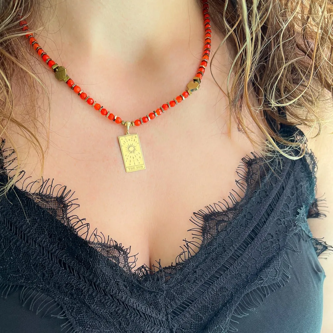 Abundance Sun Tarot Card Red Cornelian Beaded Necklace