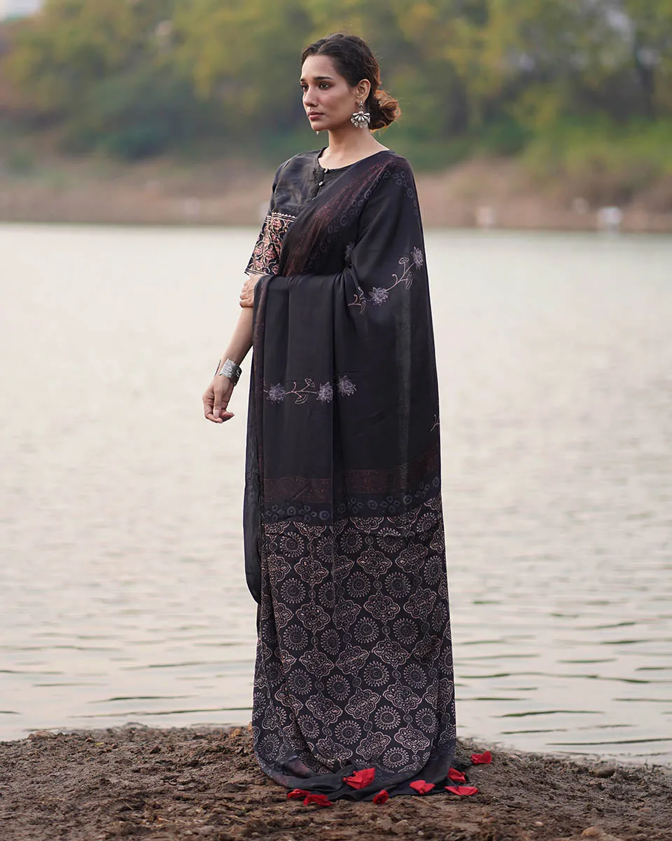 Ahima Blockprinted Modal Silk Saree - Jaisal