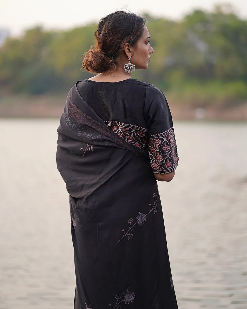 Ahima Blockprinted Modal Silk Saree - Jaisal