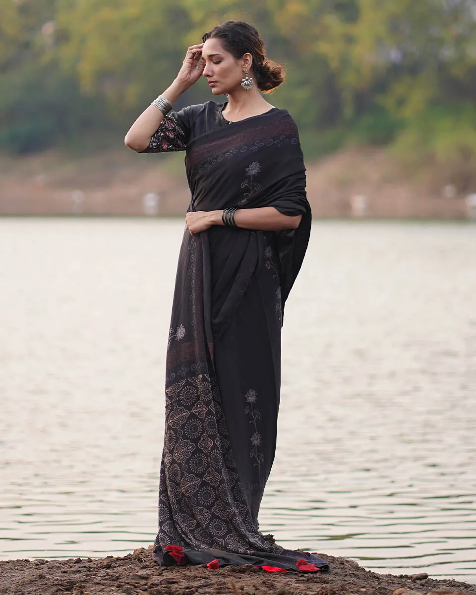 Ahima Blockprinted Modal Silk Saree - Jaisal