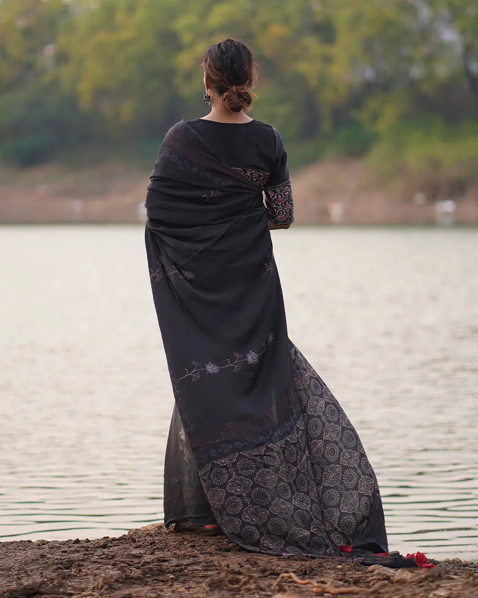 Ahima Blockprinted Modal Silk Saree - Jaisal