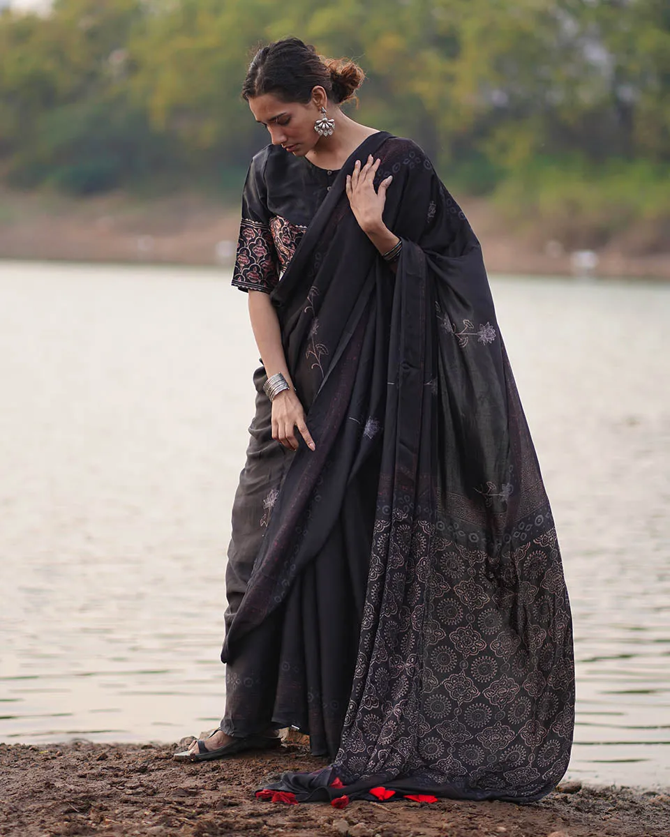 Ahima Blockprinted Modal Silk Saree - Jaisal