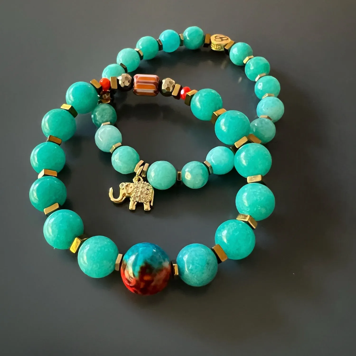 Amazonite Stone Lucky Elephant Charm Beaded Bracelet