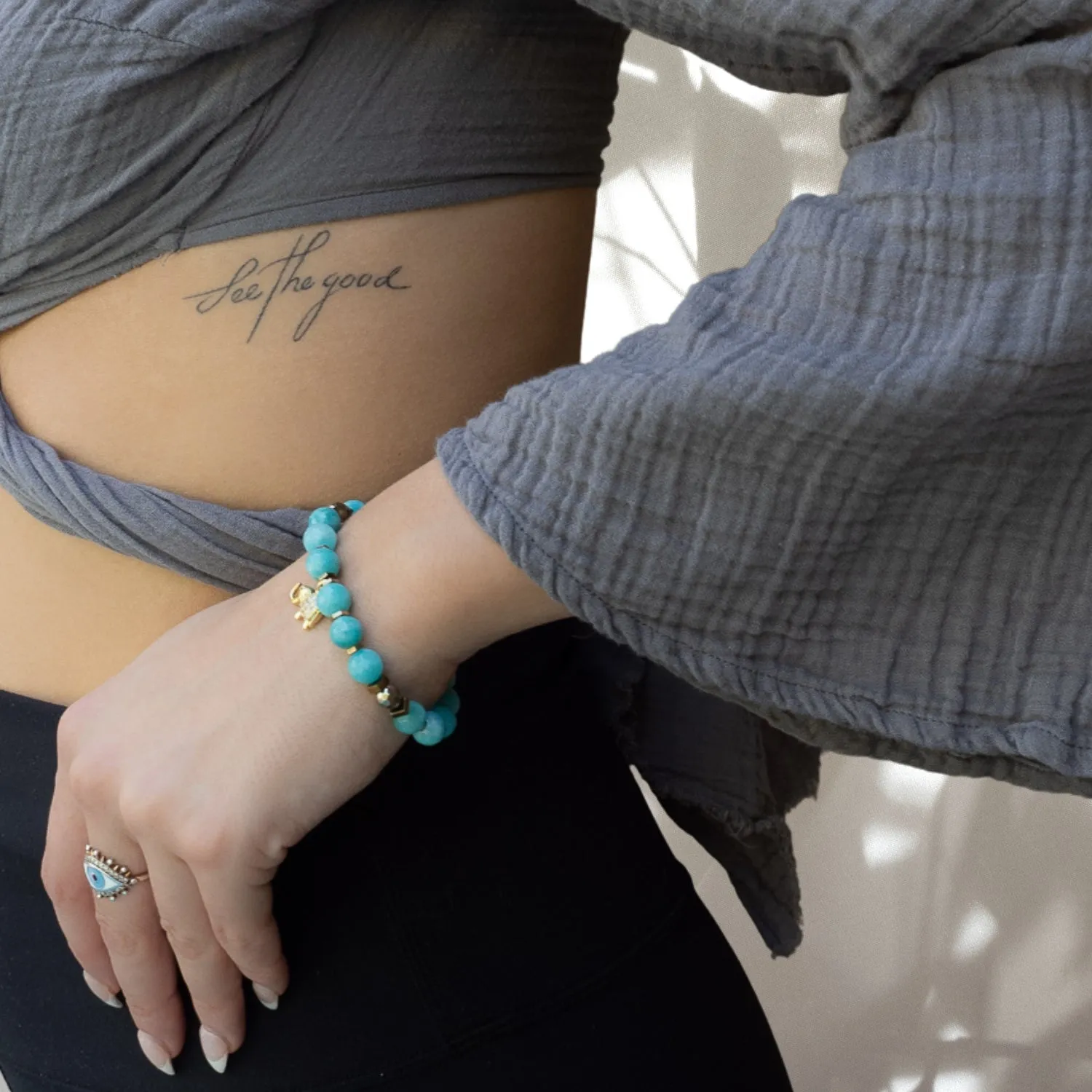 Amazonite Stone Lucky Elephant Charm Beaded Bracelet