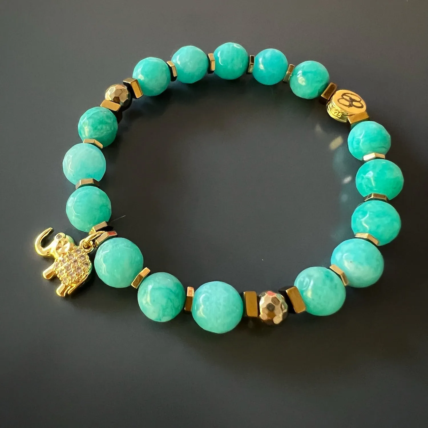 Amazonite Stone Lucky Elephant Charm Beaded Bracelet
