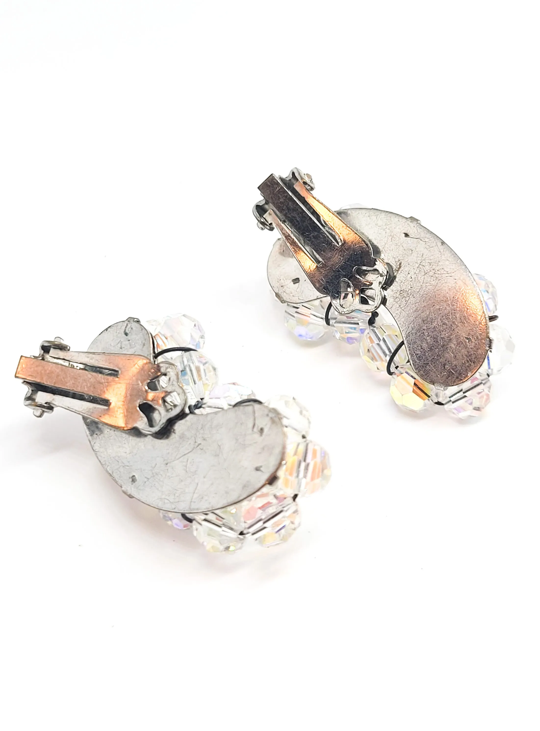 Austrian Crystal kidney shaped beaded aurora borealis vintage clip on earrings mid century