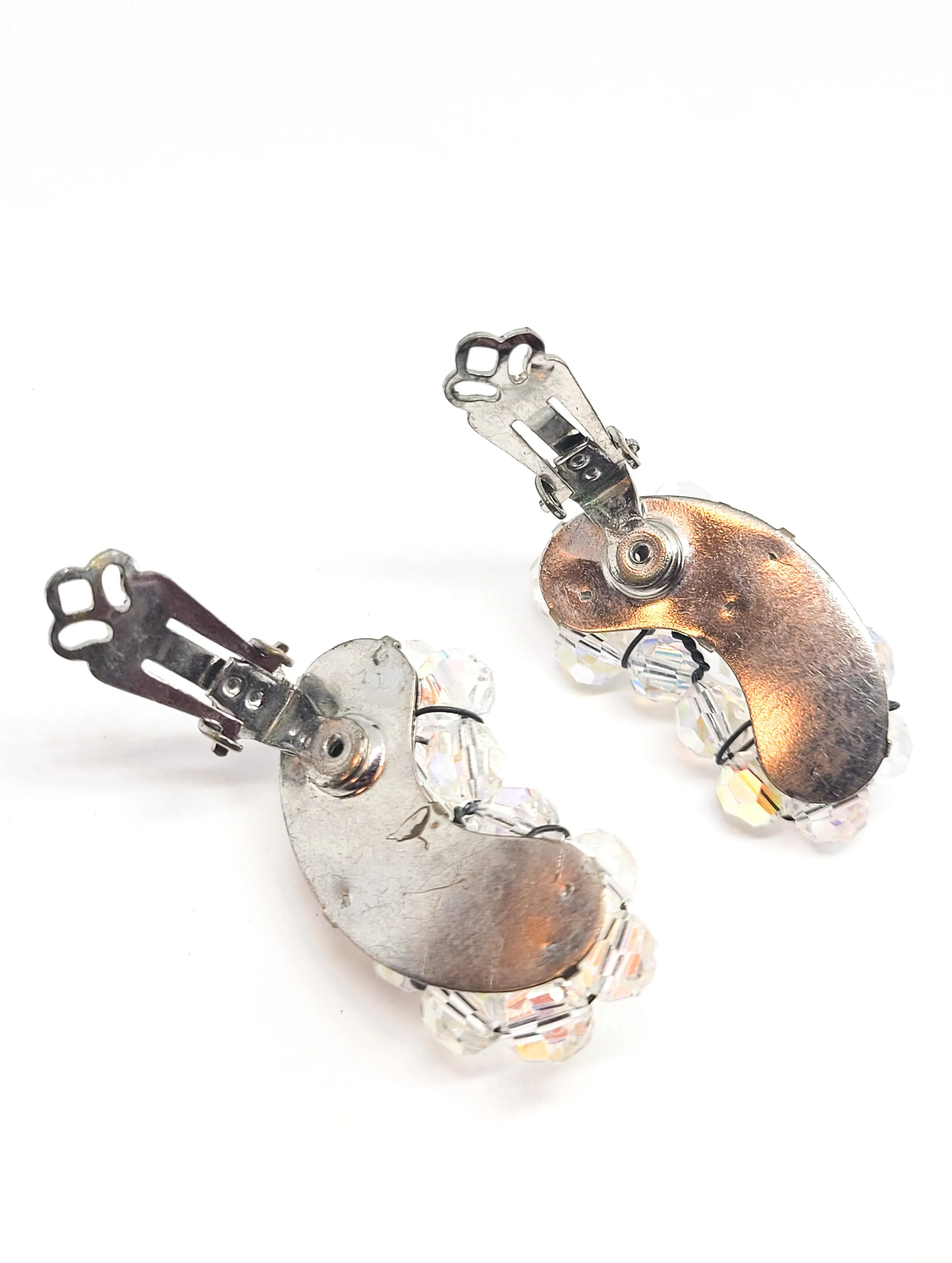 Austrian Crystal kidney shaped beaded aurora borealis vintage clip on earrings mid century