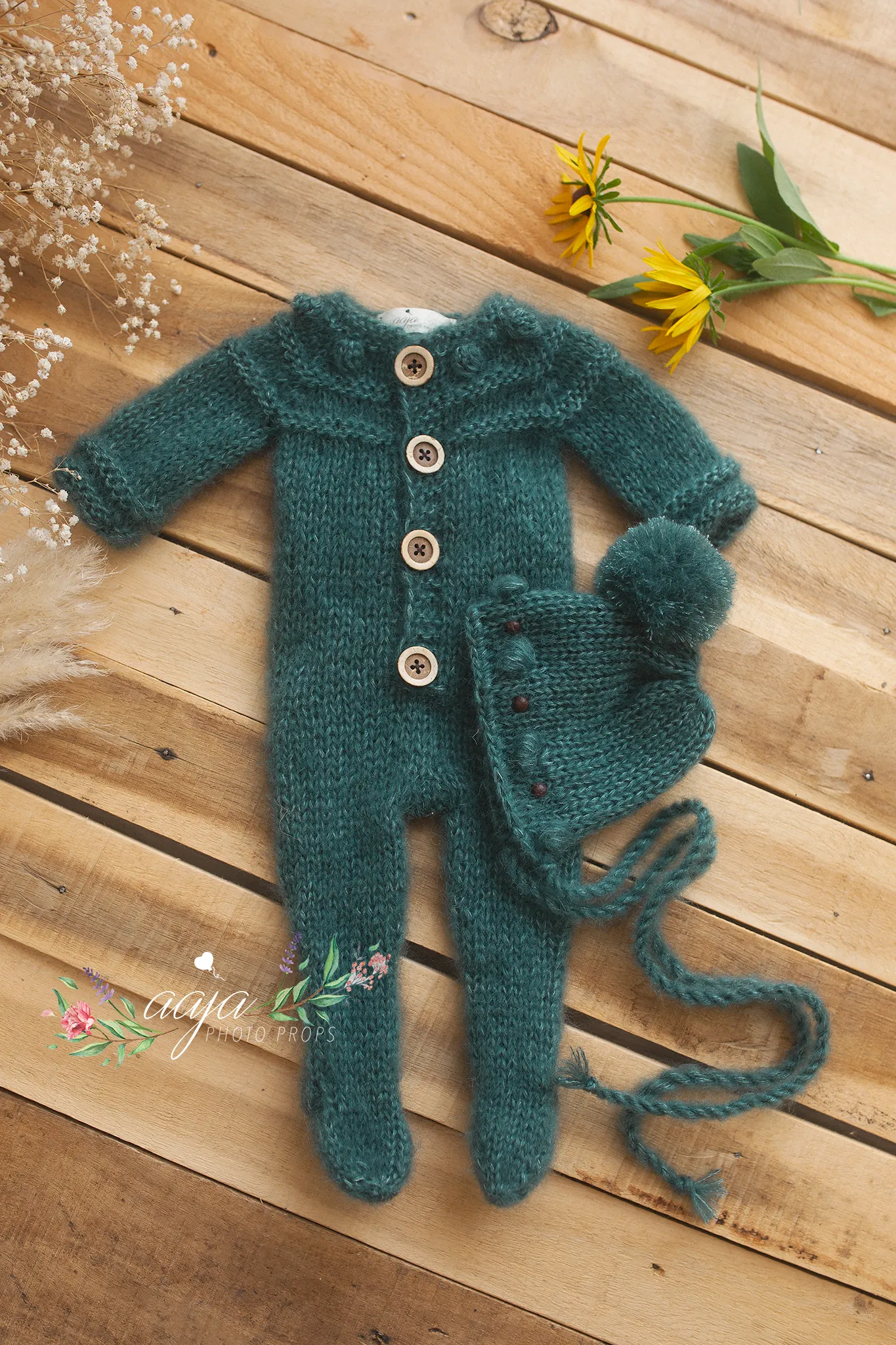 Baby newborn knitted footed romper and hat, Teal, Made to order