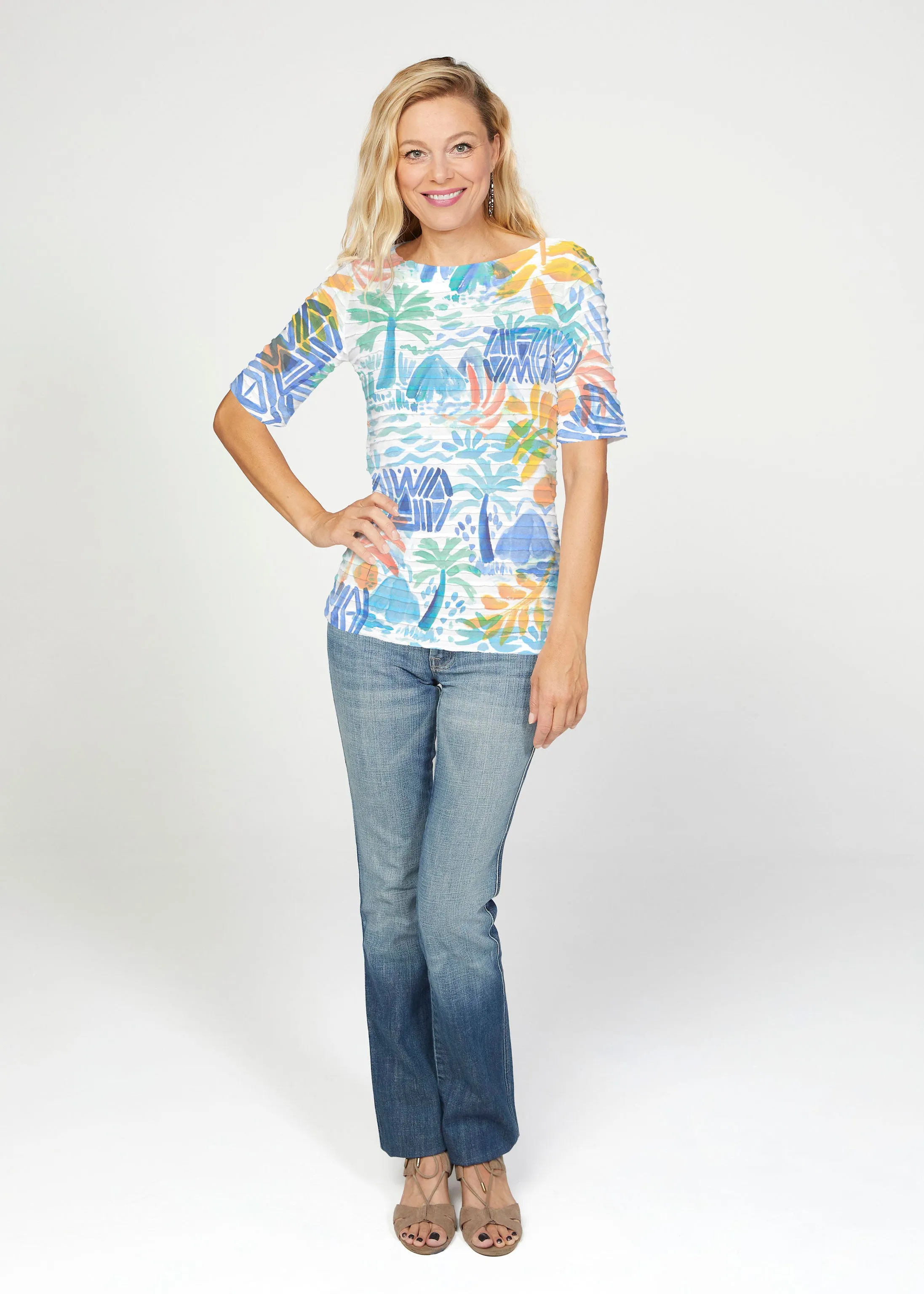 Bahama Mama (17256) ~ Banded Elbow Sleeve Boat Neck Top