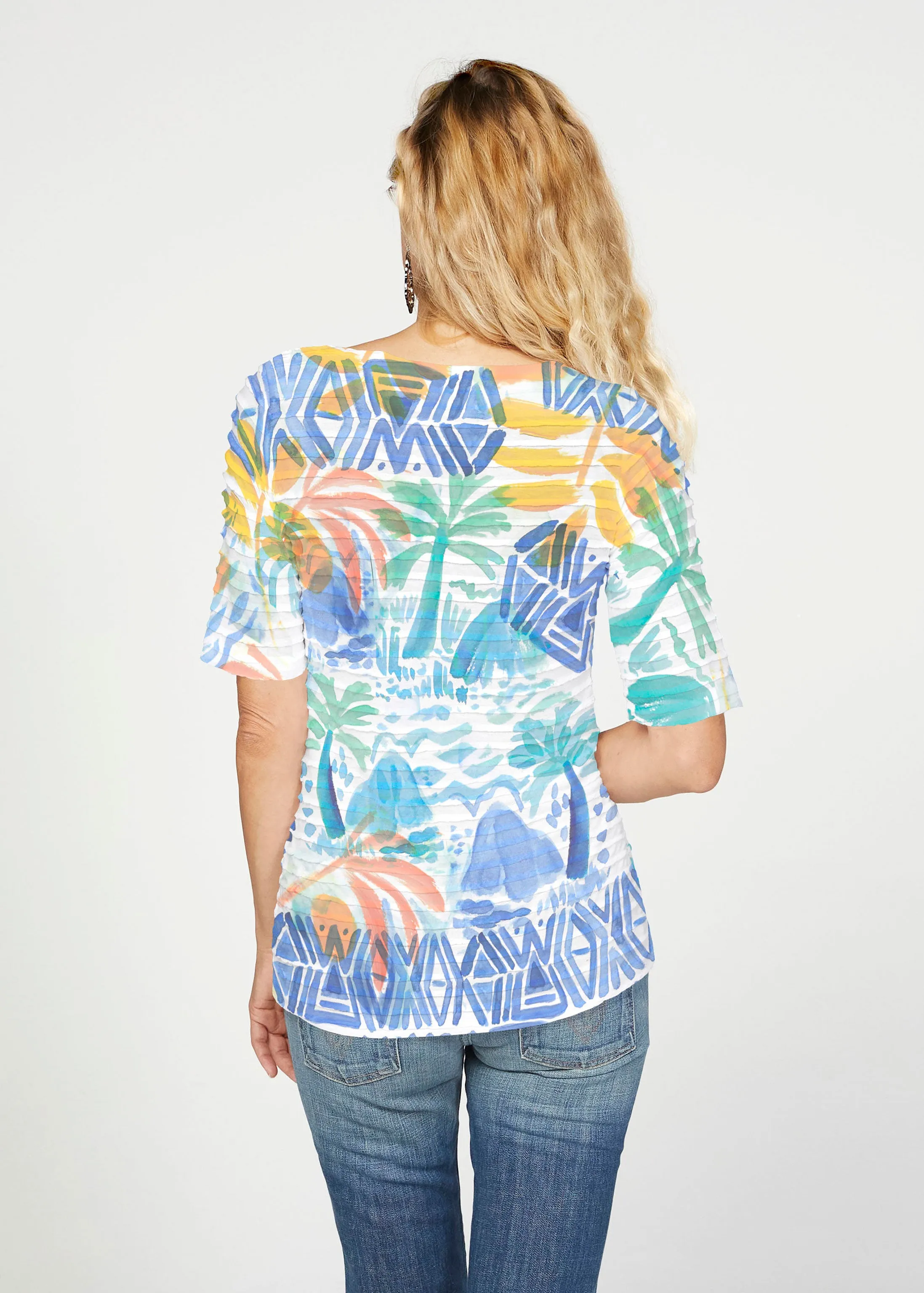 Bahama Mama (17256) ~ Banded Elbow Sleeve Boat Neck Top