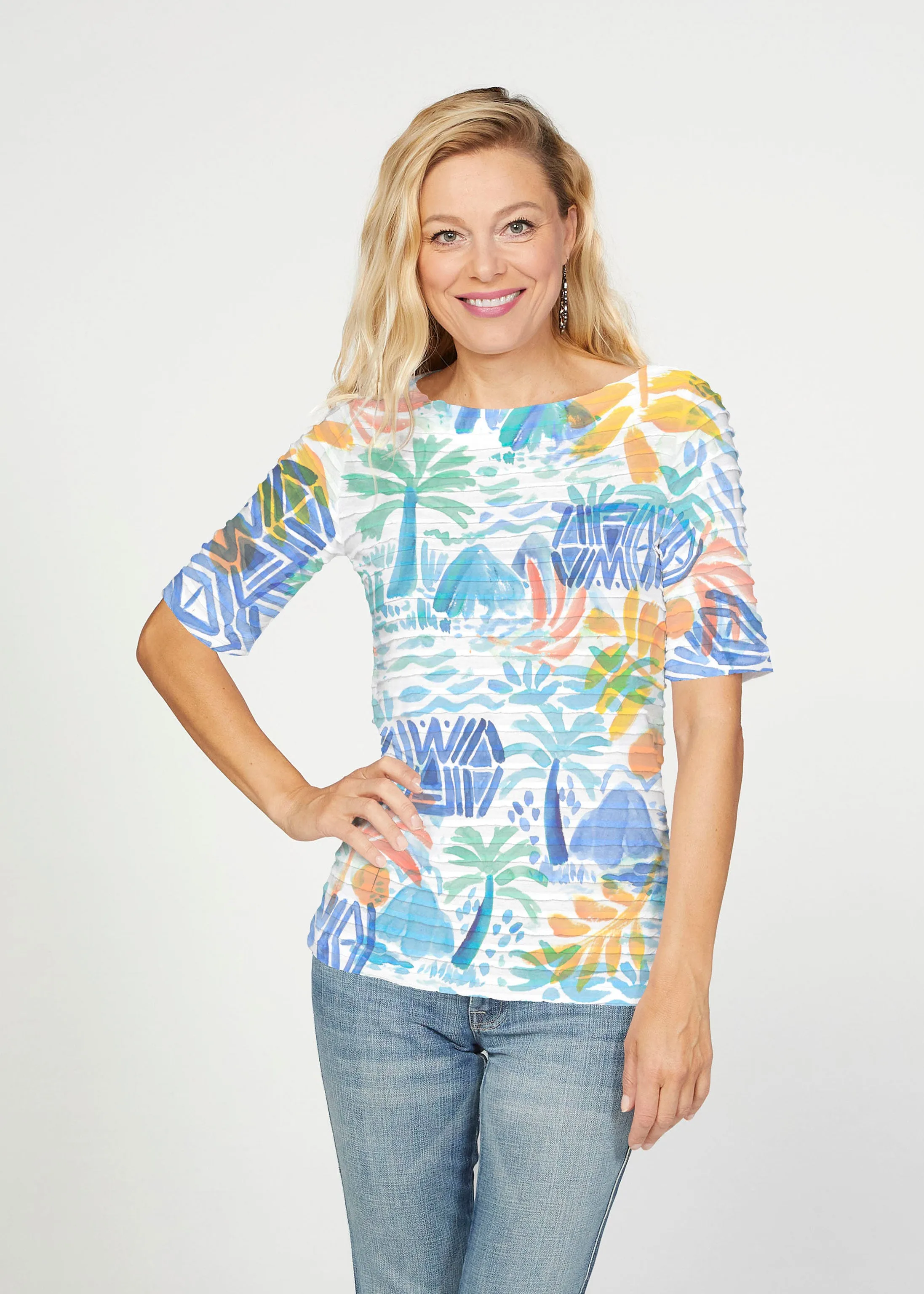 Bahama Mama (17256) ~ Banded Elbow Sleeve Boat Neck Top