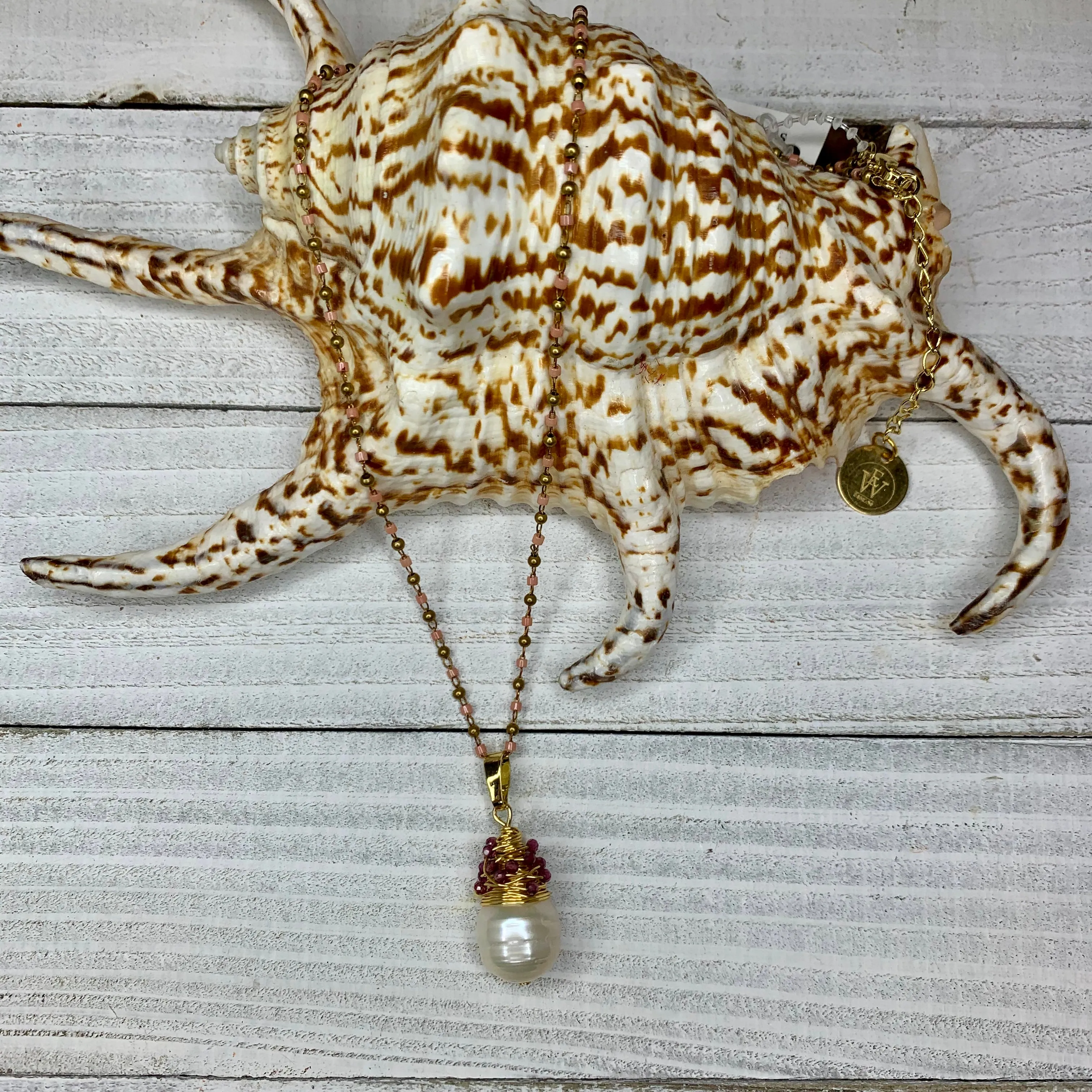 Baroque Pearl Pendant with Wire Wrapped Details in Beaded Necklace 350-05 | Erika Williner Designs