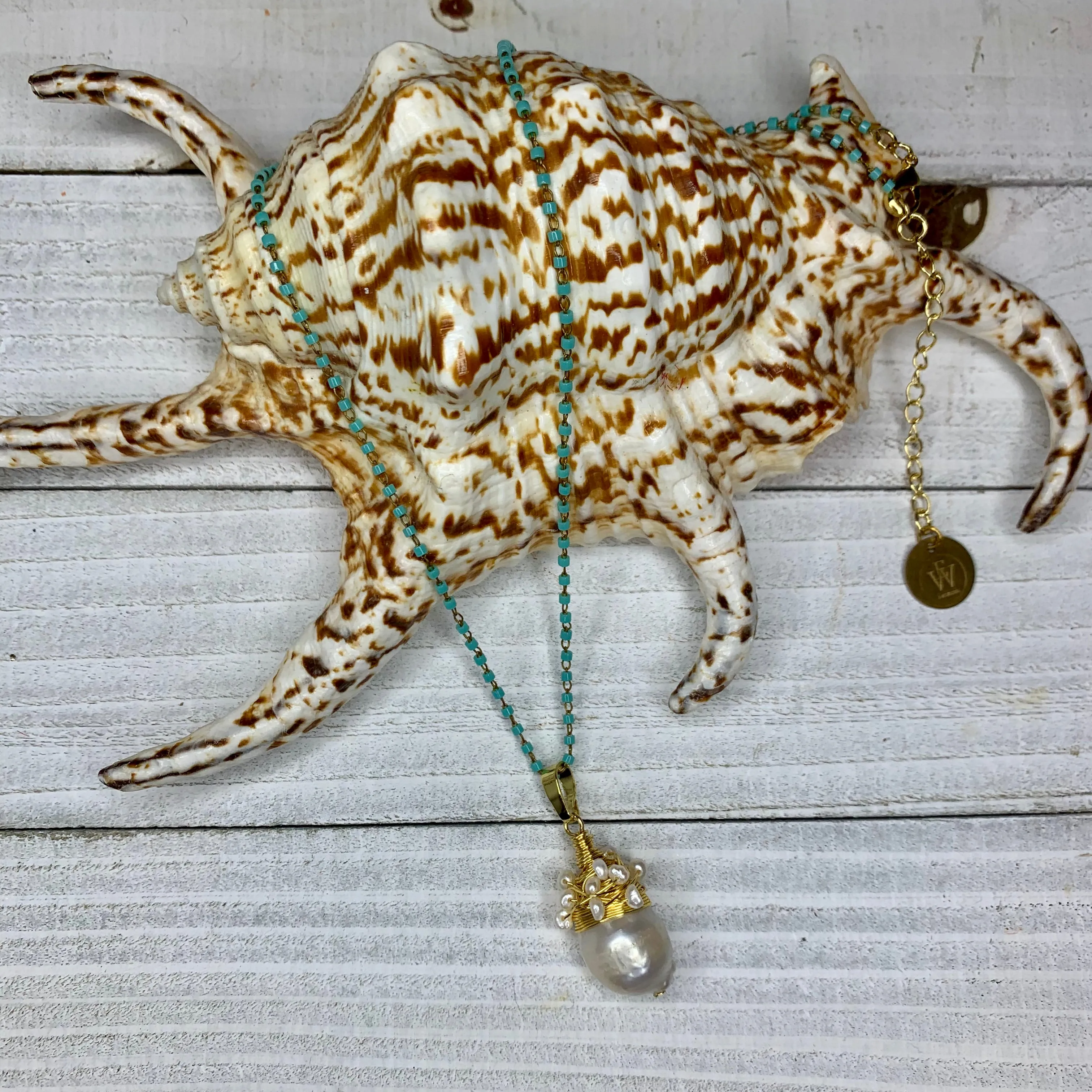 Baroque Pearl Pendant with Wire Wrapped Details in Beaded Necklace 350-05 | Erika Williner Designs