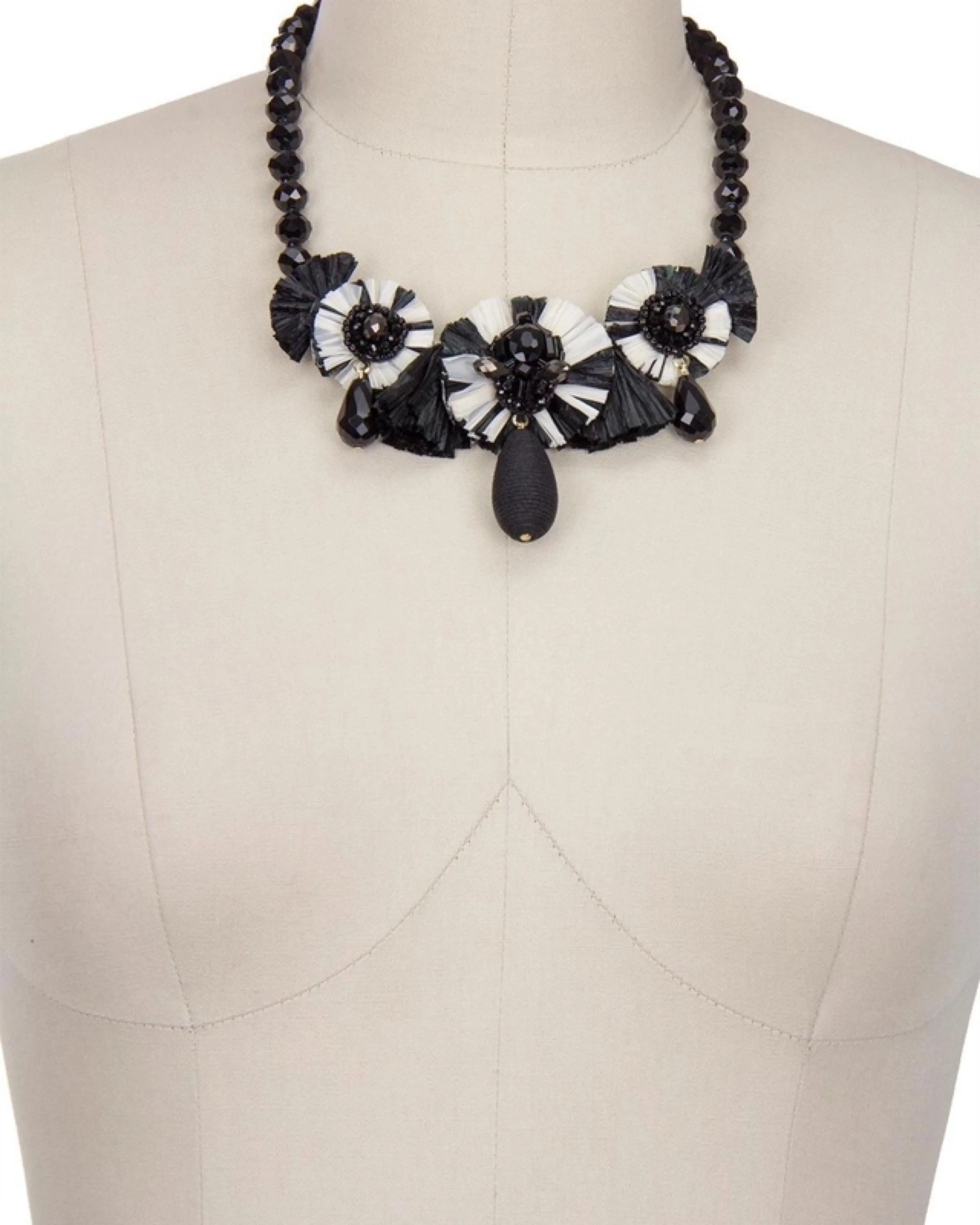 Black Beaded and Raffia Statement Necklace