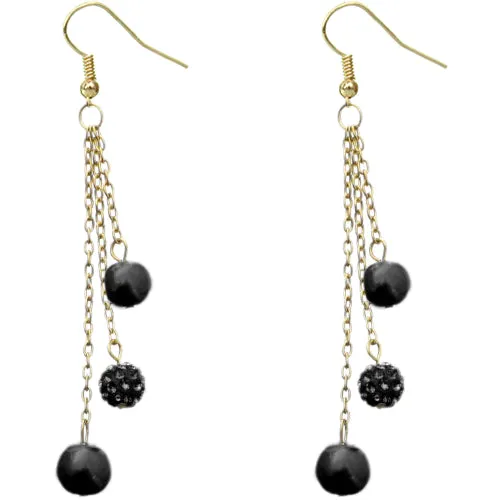 Black Faux Pearl Fireball Drop Chain Earrings
