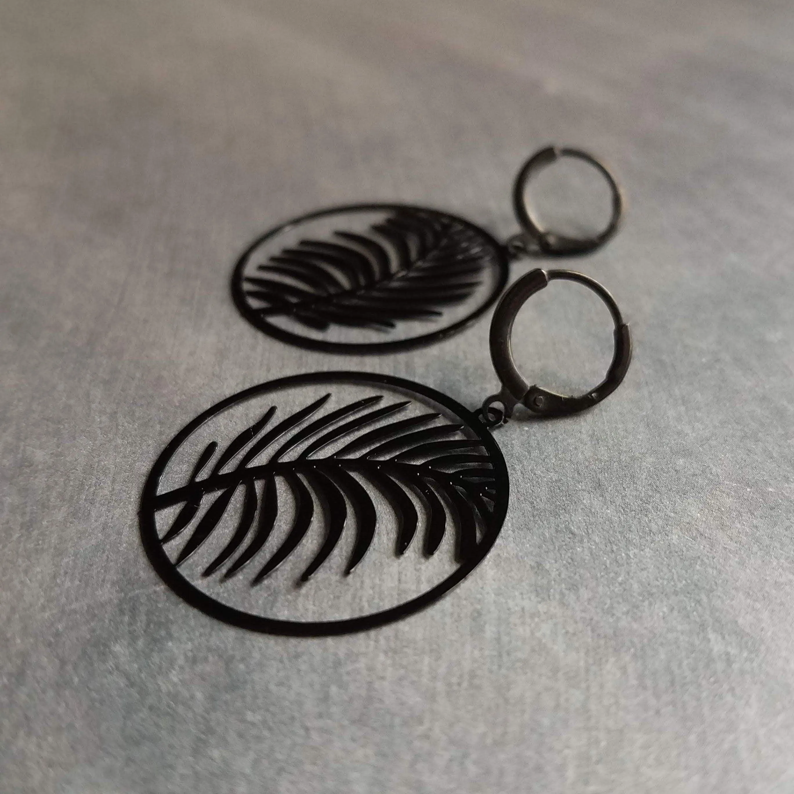 Black Leaf Earring, black earring, lever back earring, black huggie hoop, black palm leaves, round black earring, black silhouette, tropical