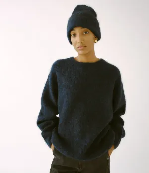 Brushed Mohair Beanie in Indigo