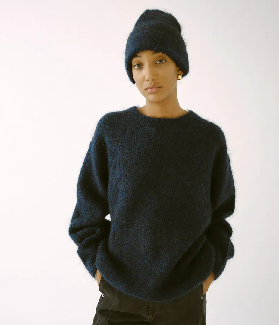 Brushed Mohair Beanie in Indigo